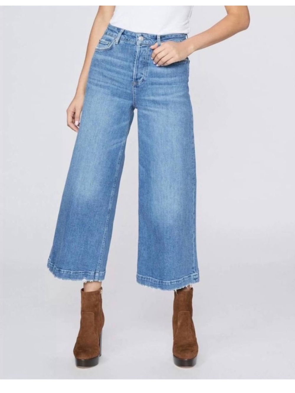 $228 Paige Frankie High Rise covered button Fly distressed wide leg crop 25